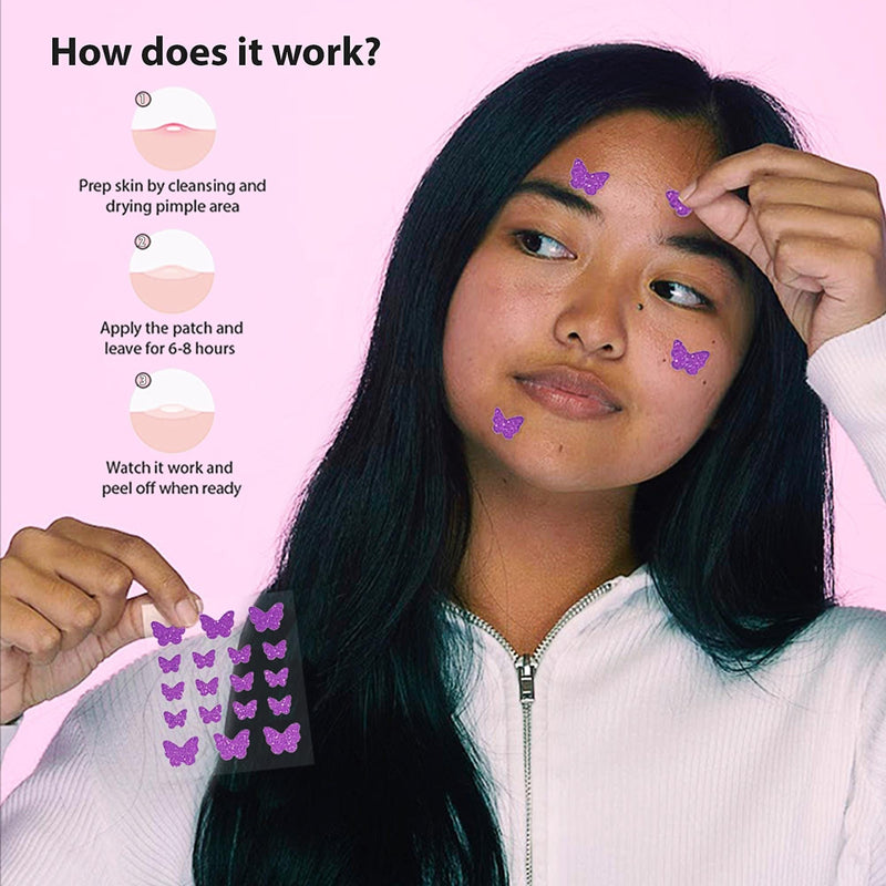 Fiona Frills Skin Care Power Boost Pimple Patches | 18 Purple Sparkly Butterflies Frilliance